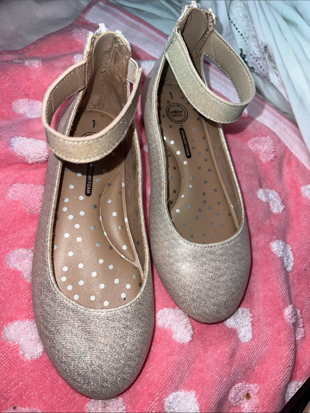 wonder nation Metallic Gold Girls Ankle-Strap Ballet Flats